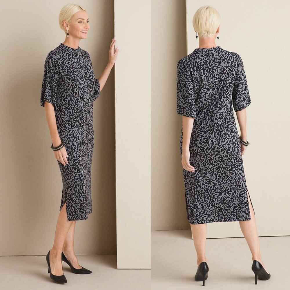 New Chico's Cheetah Print Midi Dress Size 1P US M Petite
